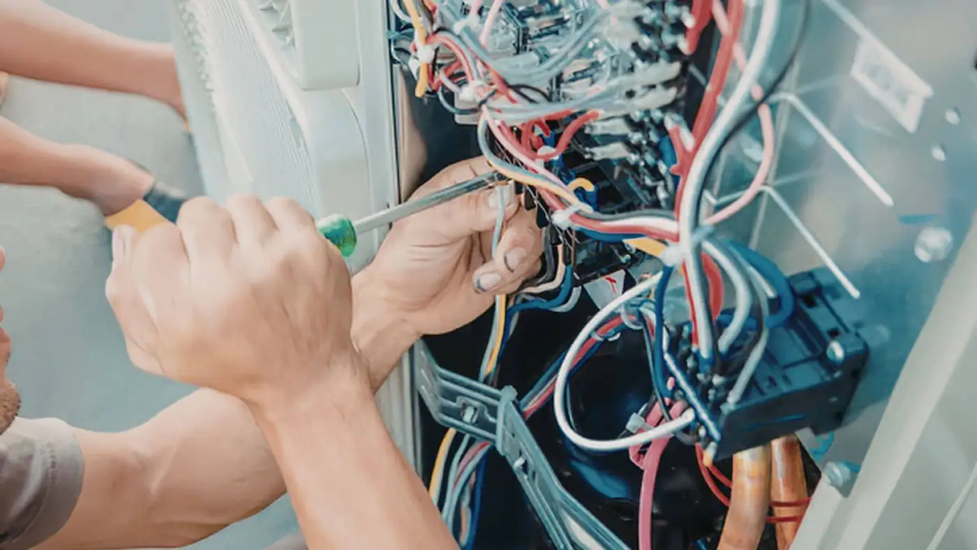 Engineer tightening electrical connections inside an air conditioning unit in Bristol