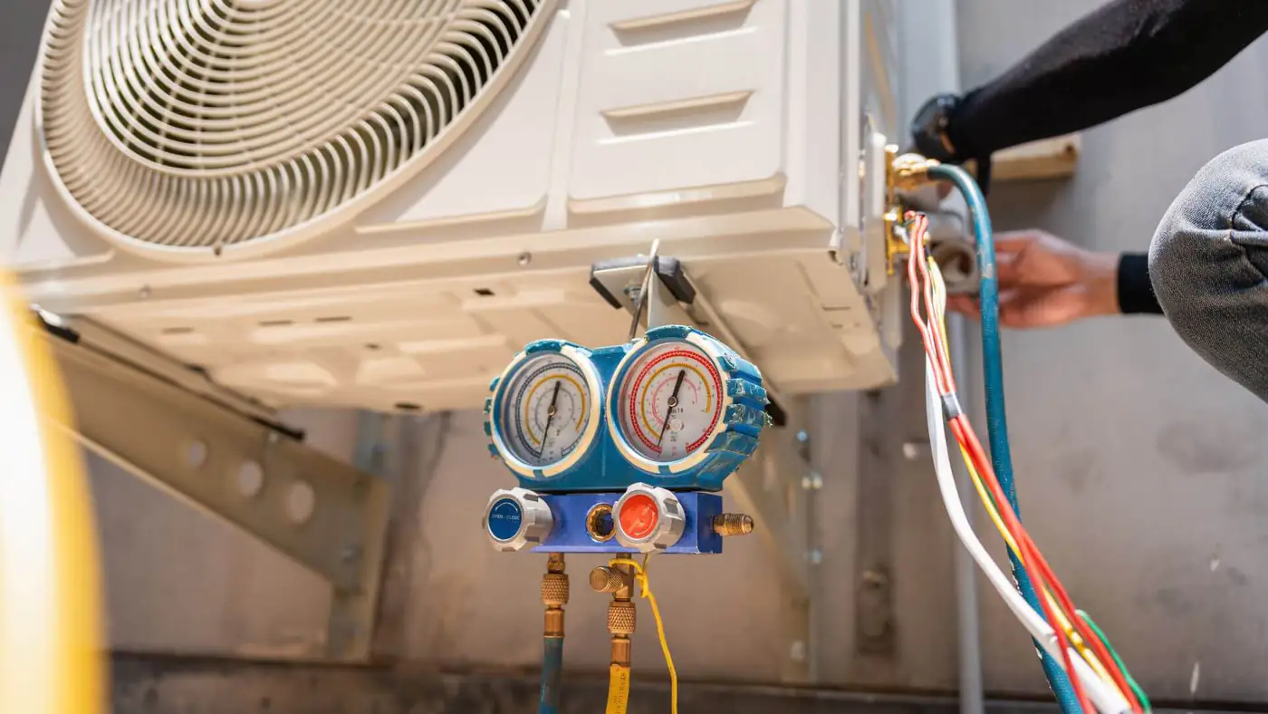 Refrigerant pressure gauges connected to an air conditioning unit during a service in Bristol