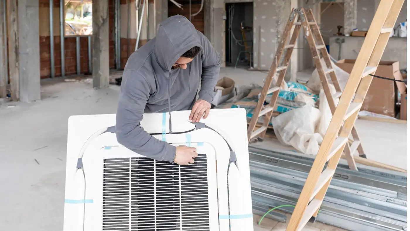 Air conditioning specialist preparing a ceiling cassette unit for installation on a Bristol site